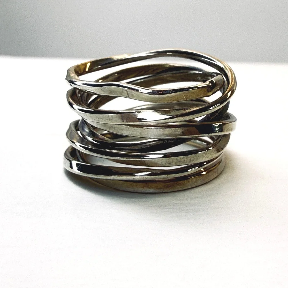Sterling Silver Multi Band Rolling Ring Hammered Interlocking Stacked Size 6.5